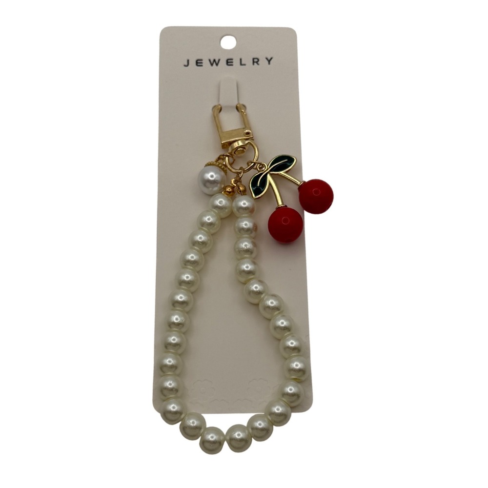 Chloe Accessory Cherry Charm Faux Pearl Beaded‎ Keychain Bag Charm Gold Tone